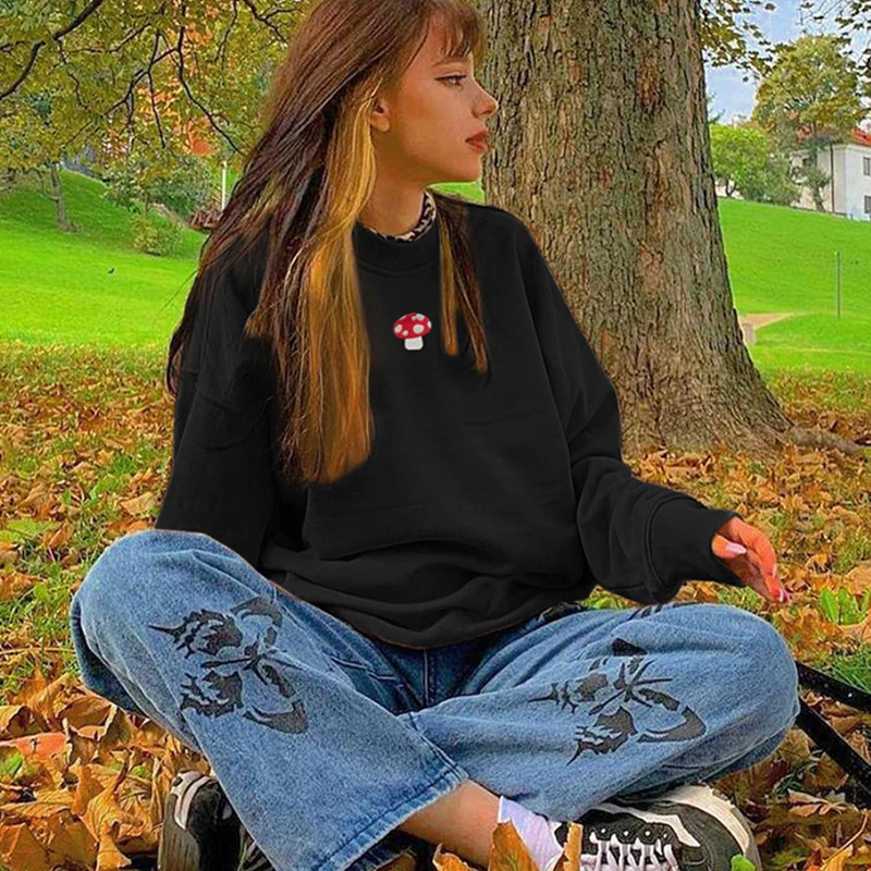 Fashion Streetwear For Women Sweatshirts Long Sleeve Crew Neck Brown Pullover Sweater 90s Y2K Aesthetic Graphic Mushroom Hoodies