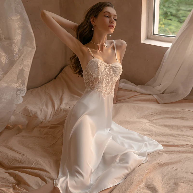 Female Satin Lace Nightgown Lady Sexy Spaghetti Strap Night Dress Women Nighties Sleeveless Sleepwear Nightwear Bridesmaid Dress