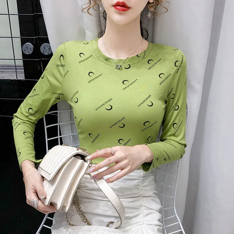 

2020 Autumn And Winter New Slim Short Letter Crescent Curve Printed T Shirt Women's Tight Fitting All Match Bottoming Shirt C460