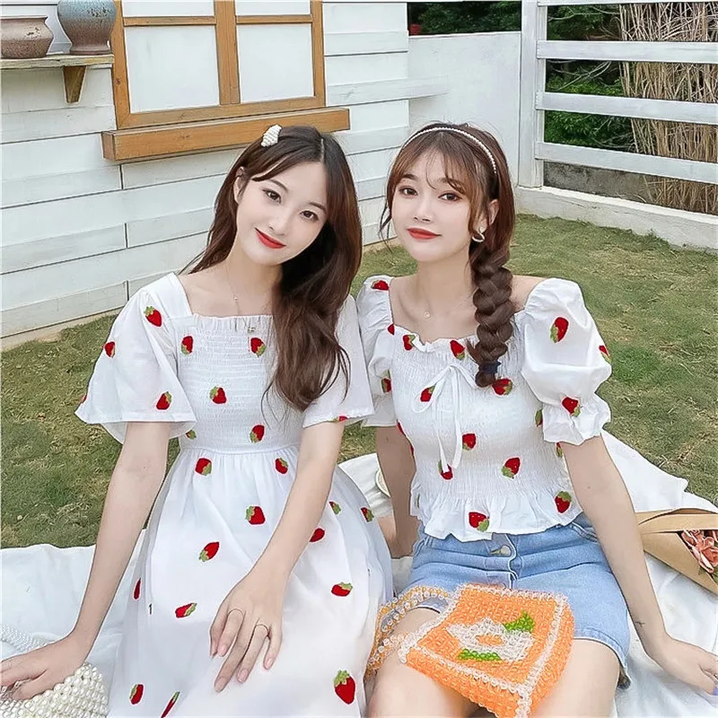 

Japanese Kawaii Strawberry Print White Long Dress Women Cute Square Collar Bandage Summer Sundress Soft Girl Lolita Dresses Robe