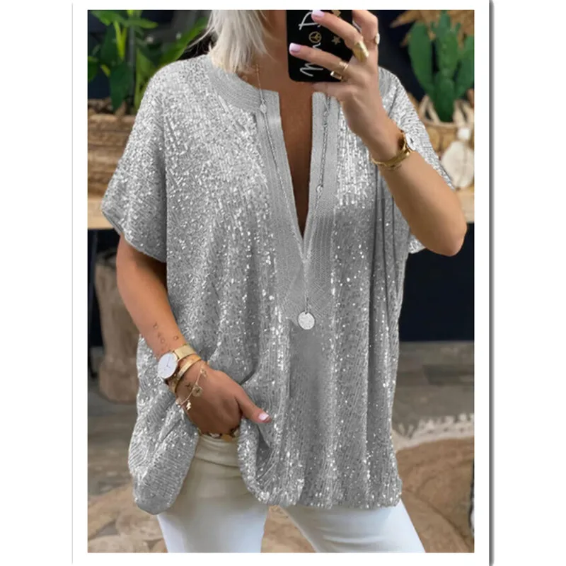 

2021 Summer Women Blouse Top Fashion Sequins V neck Short Sleeve Casual Shirts Women Loose Pullover Club Party Bousa Women Tops