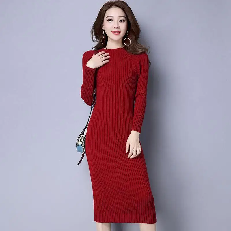 

Plus Size Slim Long Sweater Solid Color Round Neck Pullover Sweater Fashion Women Winter Knitted Sweater Dress