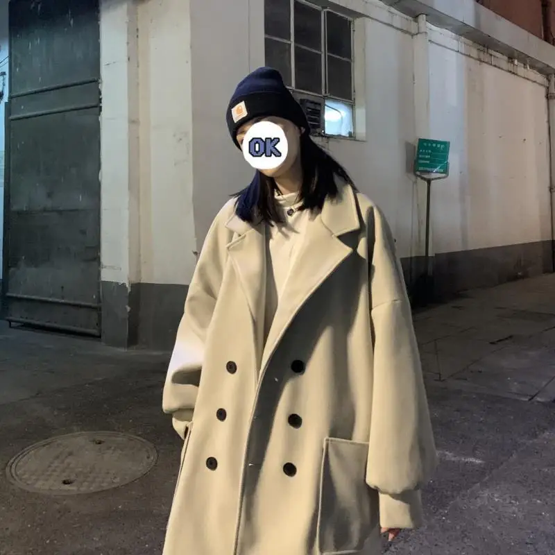 

2021Autumn and winter new medium and long woolen coat female loose couple windbreaker Korean fashion woolen coat coat