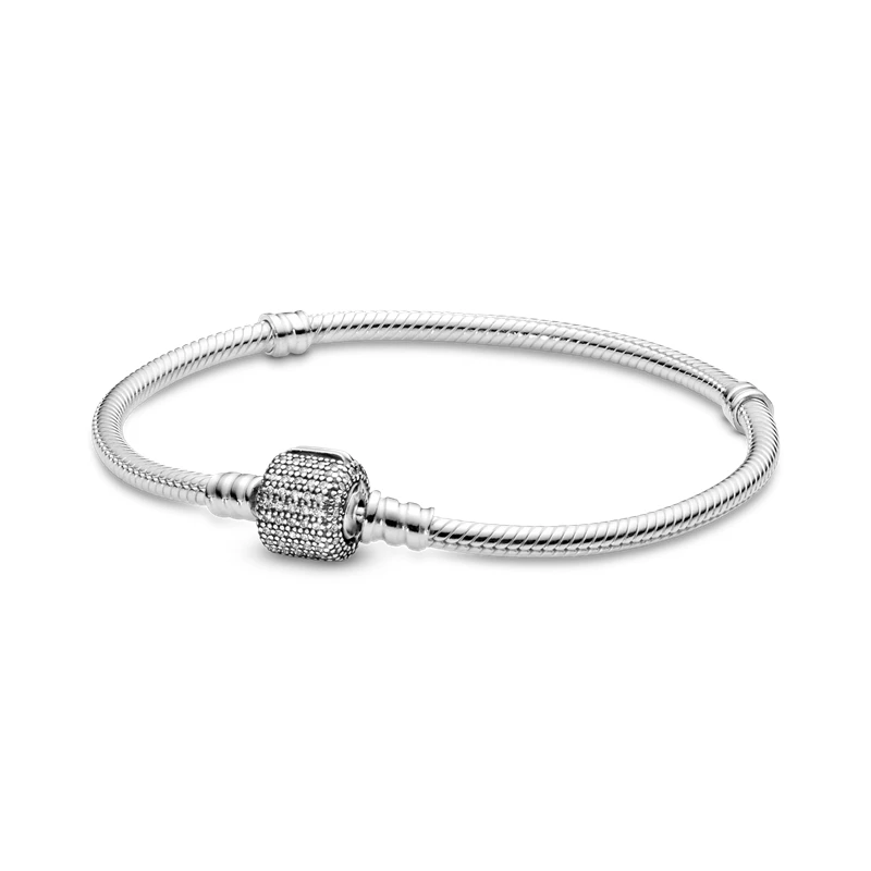 

Classic 925 Sterling Silver Sparkling Pave Clasp Snake Chain Bracelet For Women Fit Original Brand DIY Charm Beads Jewelry Gift