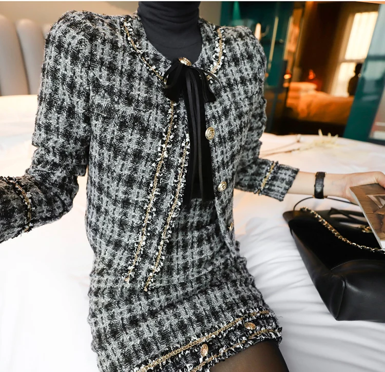 

2020 Autumn Winter Tweed Two Piece Set Women Elegant O-neck Bowknot Fringed Trim Short Jacket Coat Bodycon Skirt Suit
