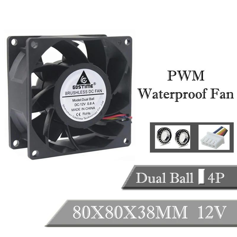 

1PCS Gdstime 8038 DC 12V 8cm 80mm Ball Bearing Waterproof Cooling Fan 80x80x38mm PWM 4Pin Inverter Cooler Cooling