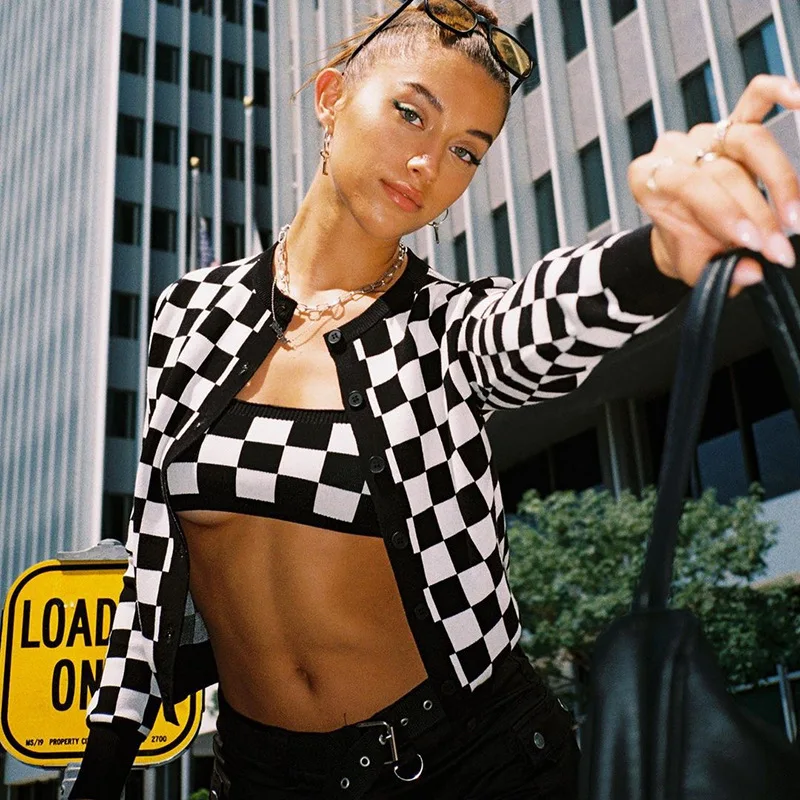 

Женский комплект из двух предметов Adora, однобортный укороченный топ в клетку с круглым вырезом и длинными рукавами, осень-весна 2021