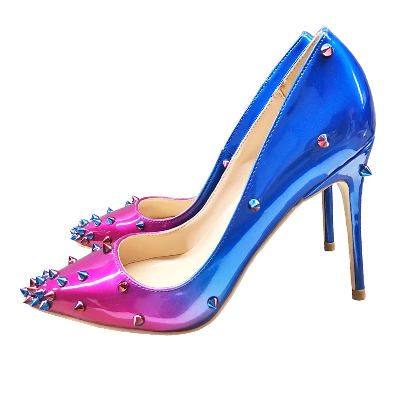 

Fashion free shipping Gradient spikes Patent Leather Poined Toe Stiletto high heel shoe pump HIGH-HEELED SHOE dress shoes