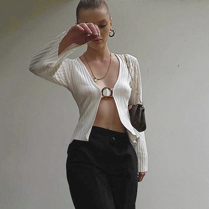 

Шикарный модный пикантный топ с глубоким вырезом и блузка, женские ребристые трикотажные белые топы с расклешенными рукавами, блузки, элега...