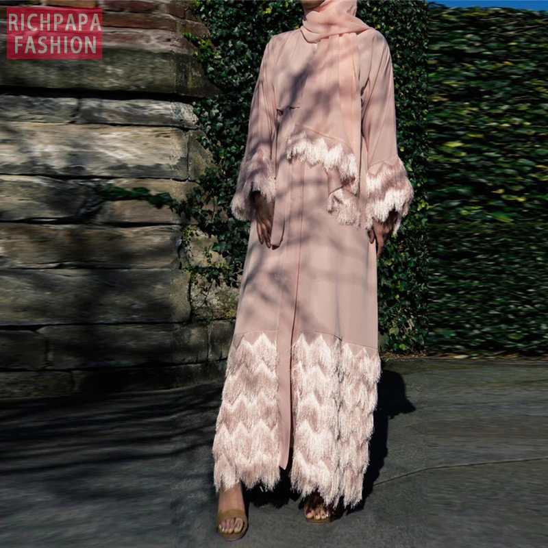 Кисточки кафтан Дубай абайя кимоно халат мусульманский хиджаб женское платье