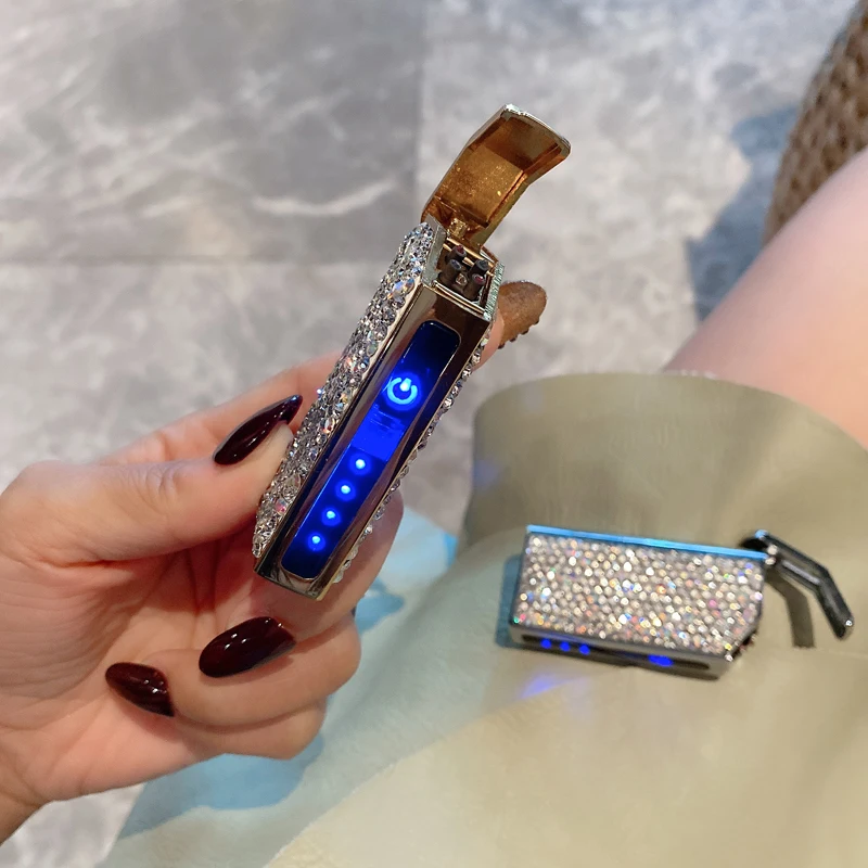 USB Rechargeable Lighter With Crystals Electronic Lighter For Girls Portable Mini Lighter Silm Smoking Accessories enlarge