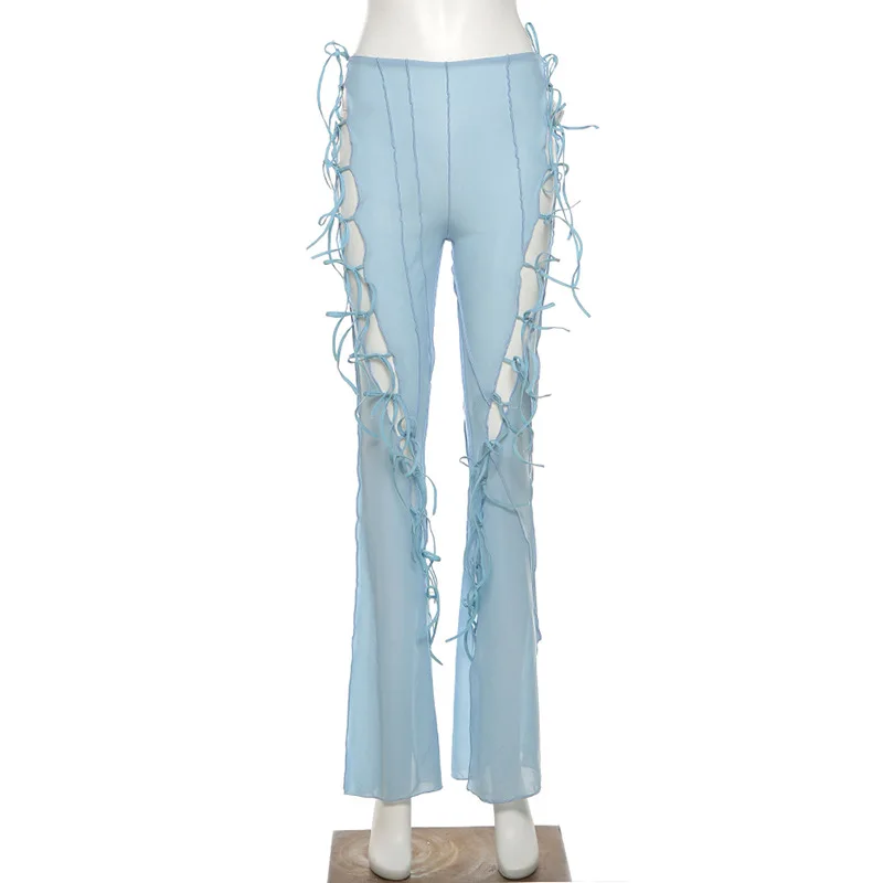 

Y2K Aesthetics Lace-Up Blue Floral Pants E-girl Streetwear High Waist Hollow Out Patchwork Trousers Full Length Pants