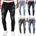 Повседневные мужские рваные узкие джинсы синие облегающие брюки-карандаш велосипедные брюки уличная одежда 2021 Высококачественная джинсовая мужская одежда