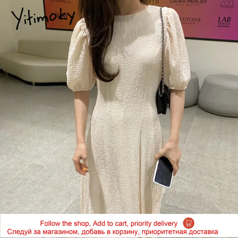 

Yitimoky Vintage New Folds High Waist Maxi Dress for Women 2021 Puff Short Sleeve O-Neck Summer Clothing Korean Fashion Green