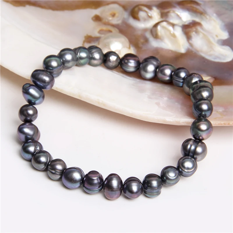 7-8 Freshwater Baroque Black Pearl Bracelet Genuine Natural Pearls Beaded Bangles Elastic Chain for Women Men Fine Jewelry Gift