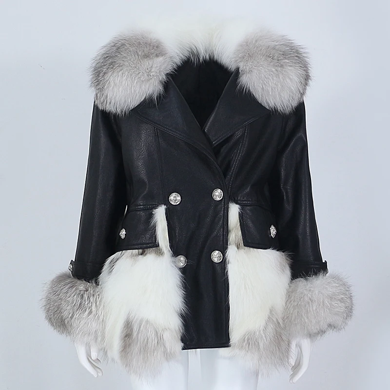 

2021 Real Fur Coat Winter Jacket Women Natural Fox Fur Collar Real Sheepskin Leather Thick Warm Outerwear Streetwear New Fashion