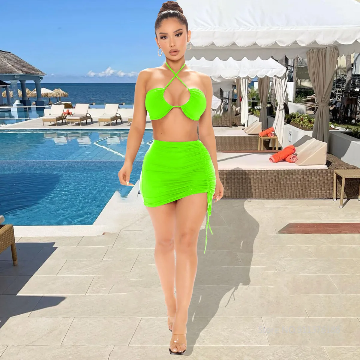 

Ajoc Sexy Women Set Solid Color Halter Criss-Cross Bandage Top and Elastic Drawstring Mini Dresses Female Summer Outfits 2021