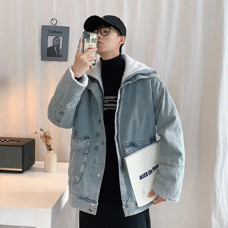 Зимнее пальто из ягненка Мужская трендовая куртка с бархатной подкладкой хлопка