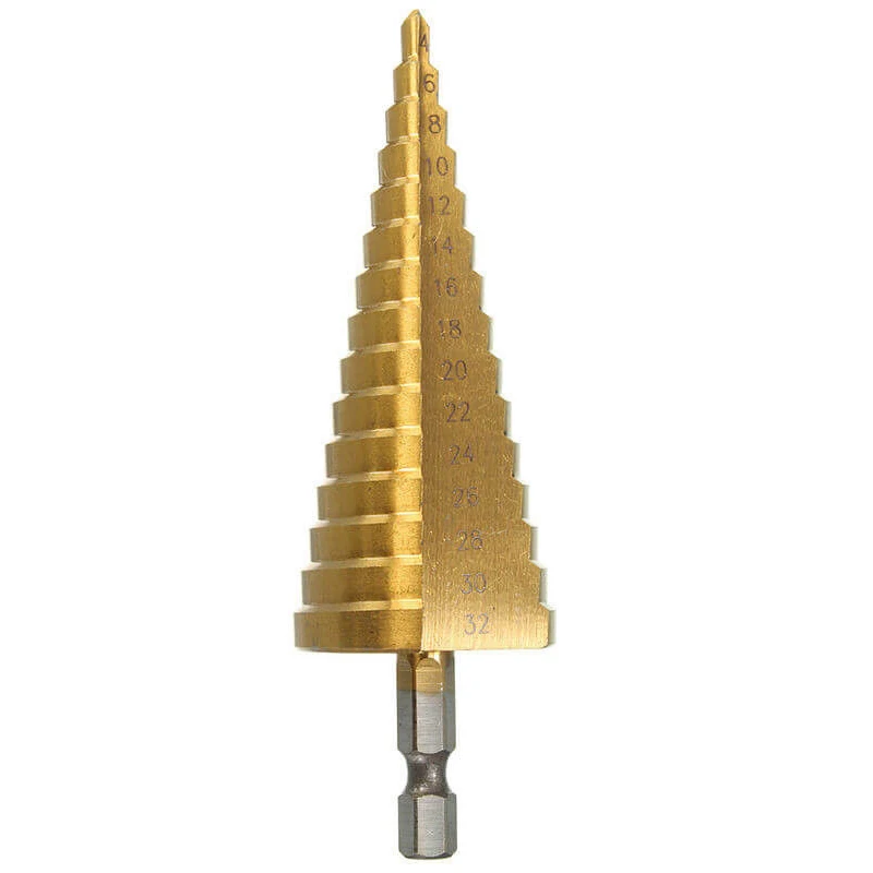 

4-32mm HSS Step Cone Drilling Bit Hole Cutter Dint DIY Tool Hex Shank Top Metal High Speed Steel Wood Hole Cutter Cone Drill Bit