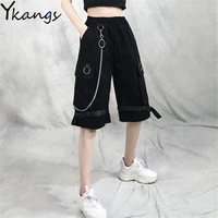 harajuku streetwear women casual harem shorts with chain solid black cargo gothic cool fashion hip hop long trousers capris