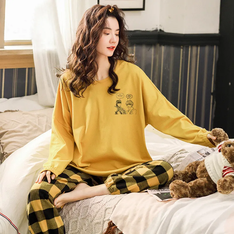 

Women Cotton Pajamas Set Cute Cartoon Homewear Women Home Clothes Lounge Wear Autumn Long Sleeve Female Pajamas Cotton Sleepwear