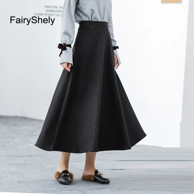 

2019 Autumn Winter High waist umbrella skirt a word skirt wild waist woolen female Flared new poncho skirt Long skirt plus size