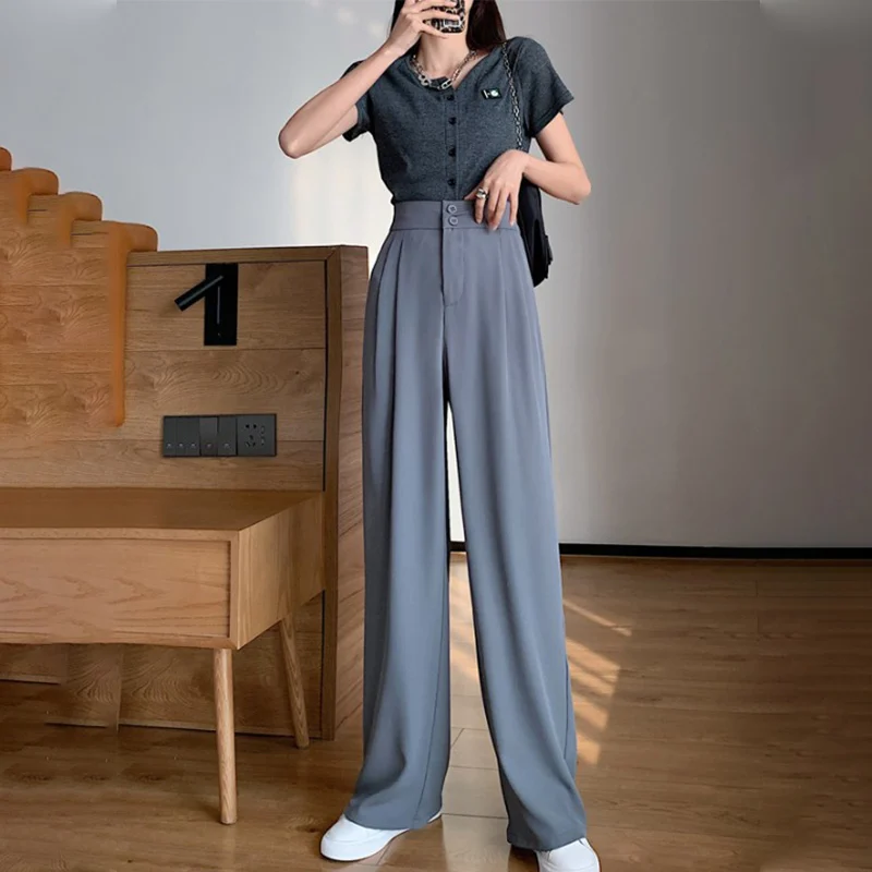 

Straight Female Trousers 2021 Summer New Black Casual Office Lady PantWomen's High Waist Wide Leg Pants Solid Lengthen Loose