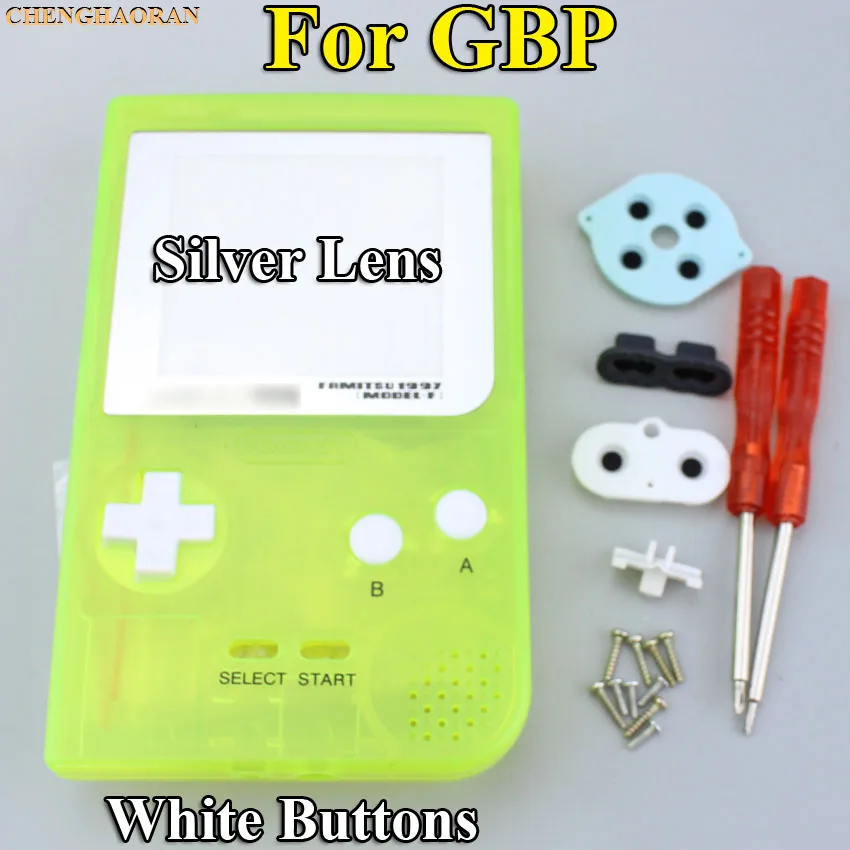 1set Luminous Yellow Green Housing Shell case cover For Gameboy Pocket Console Screwdriver Rubber Silver lens Blue Button Kit |