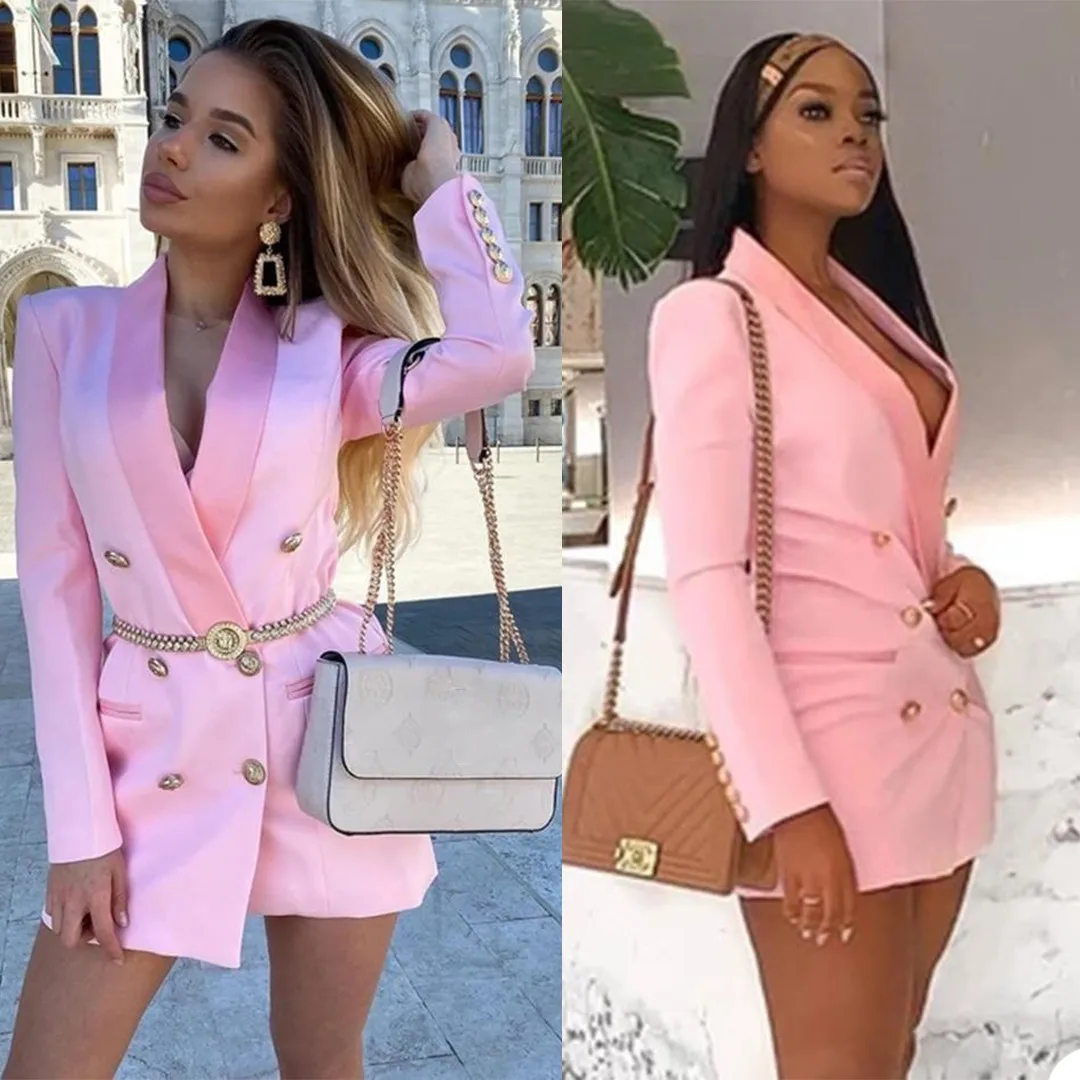 

Casual Pocket Streetwear Coat Women Blazer Vintage Pink Shawl Lapel Custom Made Classic Double Breasted Jacket Daily