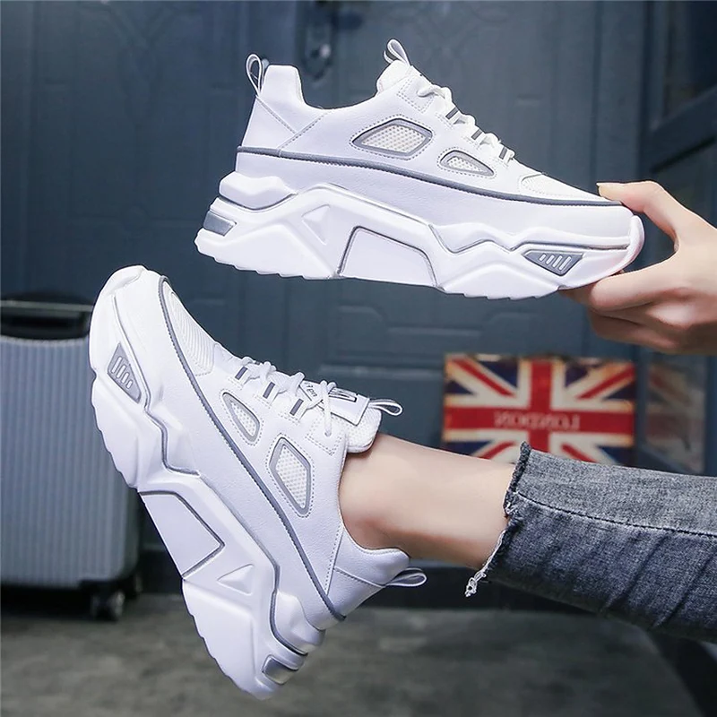 Женские модные кроссовки на платформе белые Светоотражающие увеличивающие рост