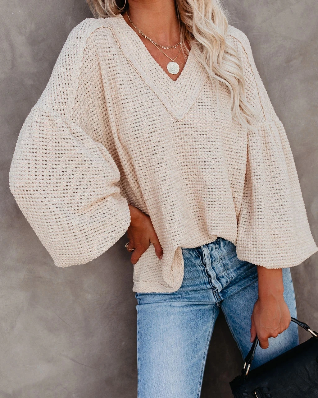 

Women Solid Color Loose Sweater Lantern Sleeve V-Neck Autumn Casual Knitwear Stylish Wild Ladies Daily Leisure Wear Pullover
