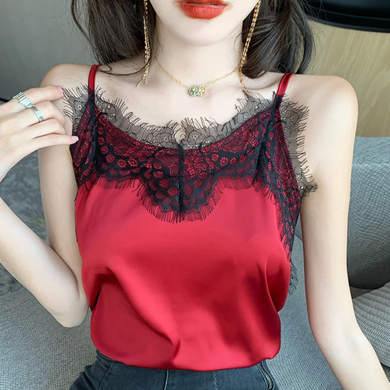 

Lace Patchwork Cami Satin Silk Backless Camisole Off Shoulder Top Summer 2020 White Tank Top Women Clothes Woman Vetement Femme