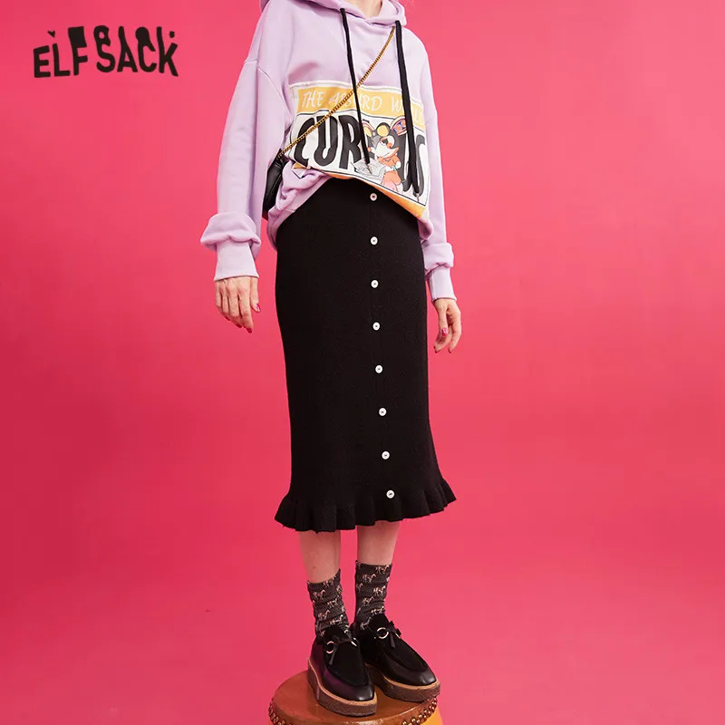 ELFSACK черная однотонная с завышенной талией Вязанная рыбий хвост юбка для женщин