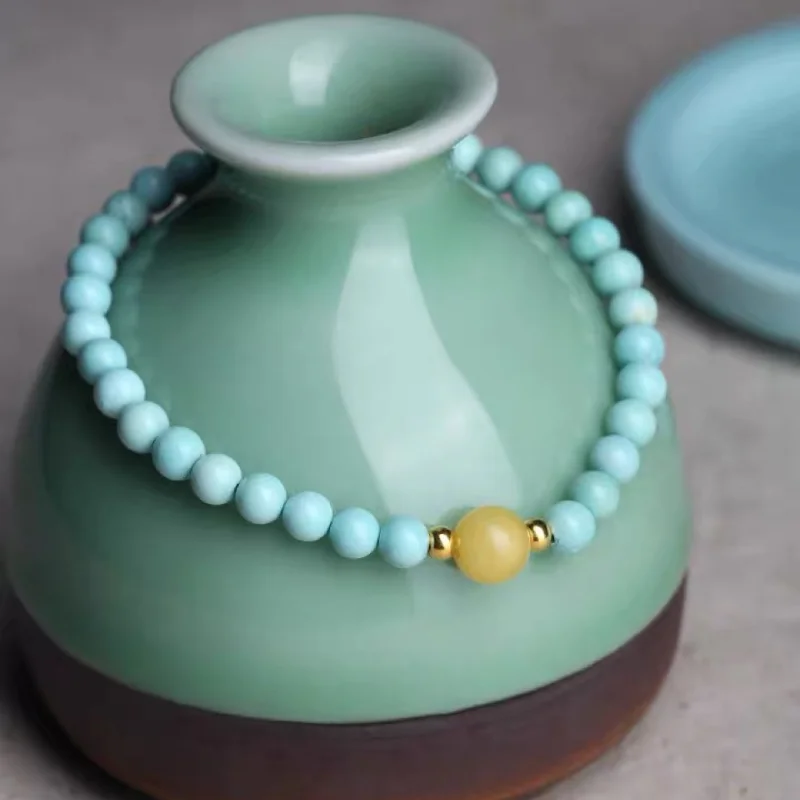 

Браслет женский из бирюзы, ювелирное изделие из натурального камня, круглые бусины из пчелиного воска, яркий элегантный нишевой браслет для...