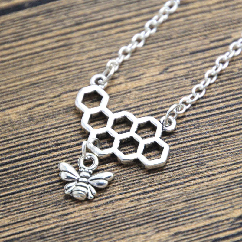 

12pcs/lot Silver Honeycomb Necklace with Bee Charm Honeycomb charm - Silver Honeycomb Pendant