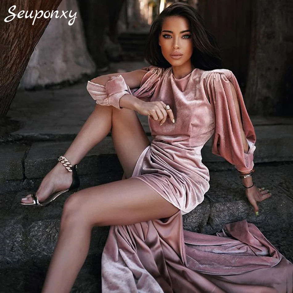 

Женское вечернее бархатное платье, розовое облегающее платье с рукавами-фонариками и круглым вырезом, с высоким разрезом, в стиле Звезд, для...