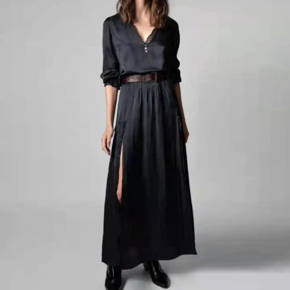 

Women V-neck 100% Viscose Maxi Dress Ruffles Slit High Waist Buttons Female Ankle-length Robes