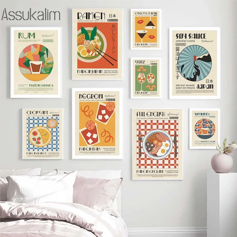 

Japanese Korean Foods Posters Prints Drinks Cartoon Canvas Painting Retro Bar Wall Art Print Pictures Modern Kitchen Decor