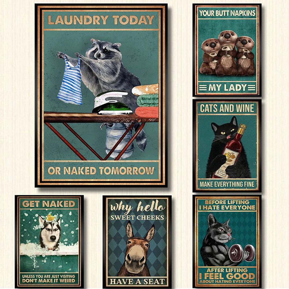 

Laundry Today Or Naked Tomorrow Poster Funny Raccoon Vintage Canvas Prints Painting Animal Wall Art Picture for Bathroom Decor