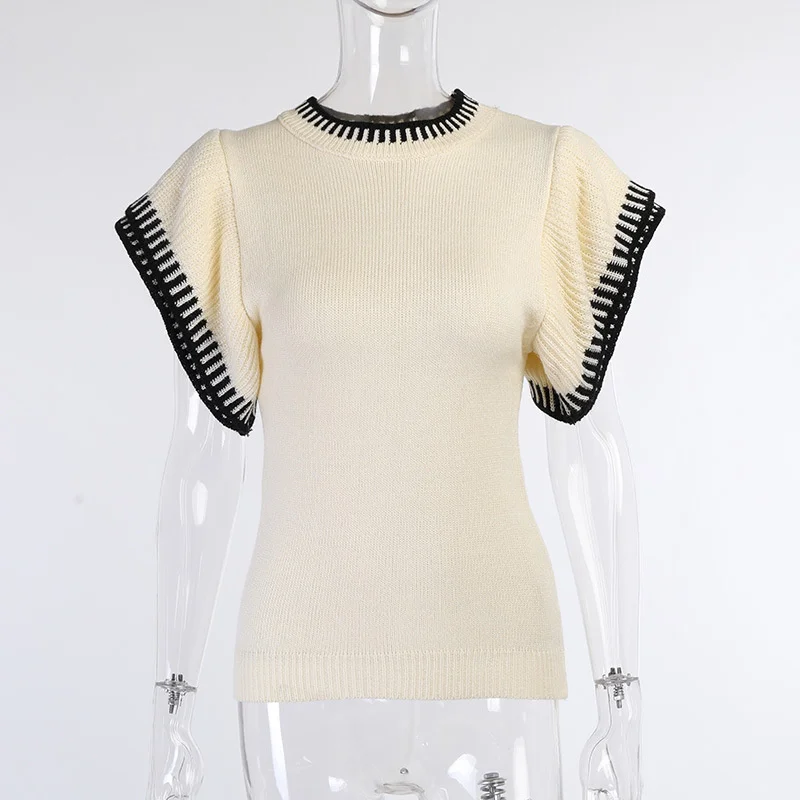 

Patchwork Harajuku Ruffles Short Sleeve Sweater Vest Ribbed Fashion Casual O Neck Knitted Vests Women Pullovers Tops Jumper