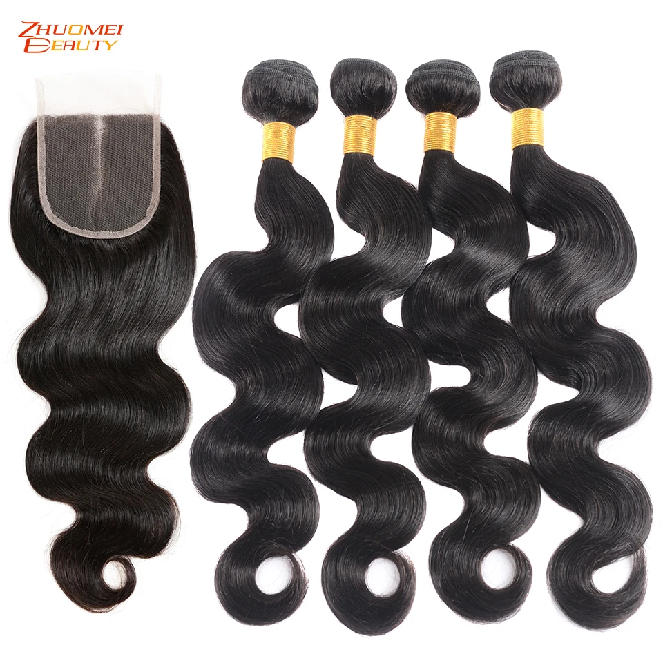 Объемная волна 4 пучка с закрытием P перуанские пучки волос 4*4 Кружева Remy