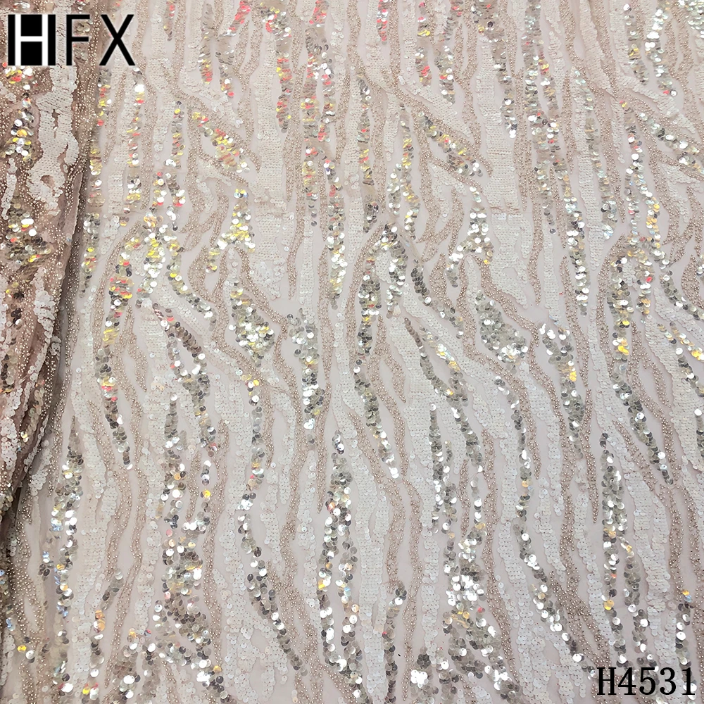 

HFX Handmade Beaded Red Lace Fabric 2021 Embroidery Sequin Lace Fabric Luxury French Mesh Bridal Lace Fabric With Beads F4531