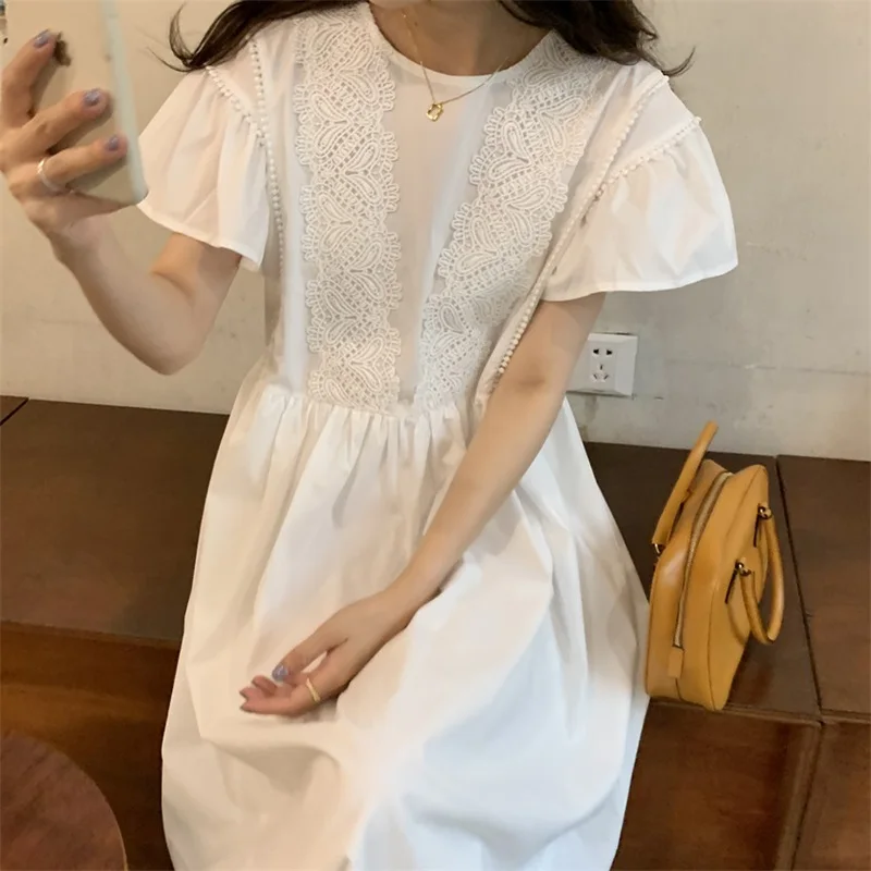 

Kawaii Vestidos Mujer Heavy Lace Patchwork Elegant Maxi Dresses For Women Summer Loose Robe Korean Temperament Whitr Dress
