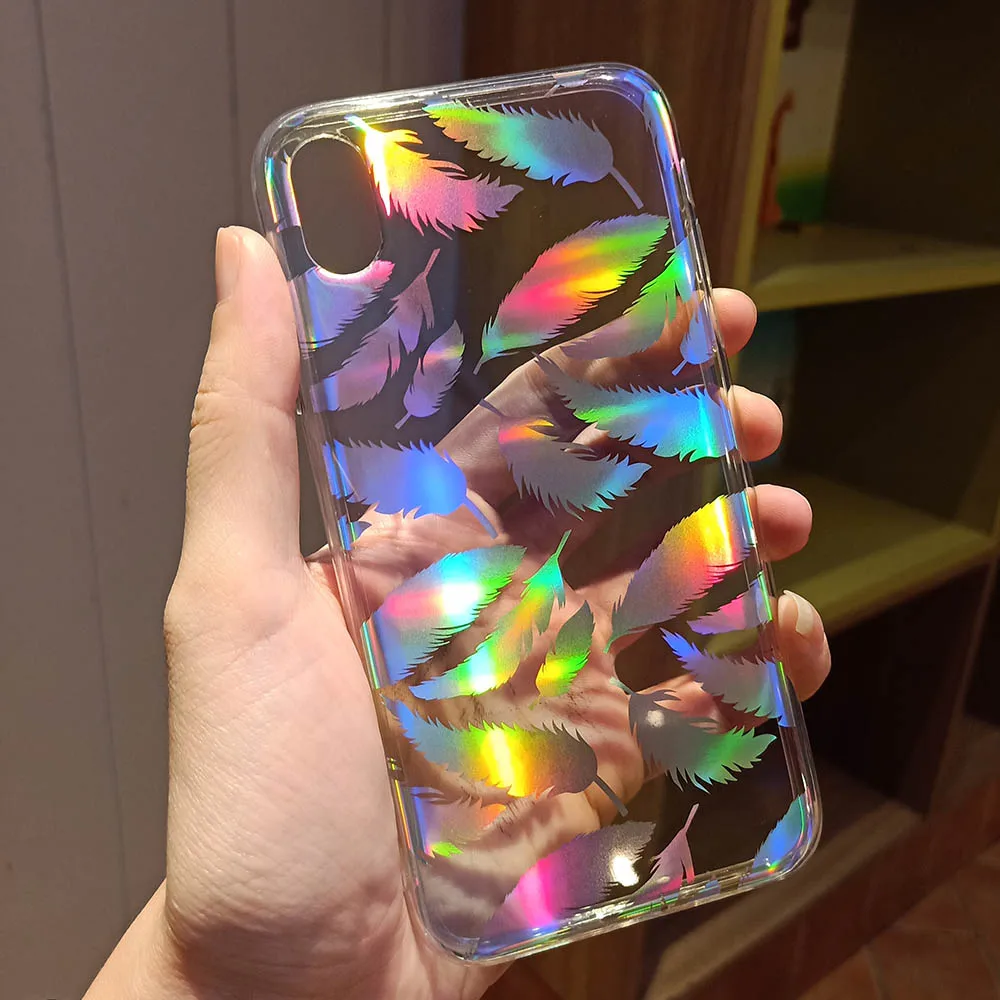 feather Модный градиентный Радужный лазерный чехол для iPhone 11 Pro XS Max Xr Прозрачный жесткий чехол Fundas для iPhone 8 7 6S Plus акриловый чехол - Цвет: feather