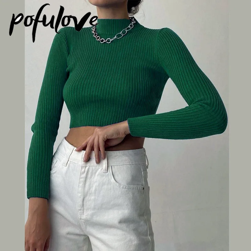 

Sweater Women Half Turtleneck Pullover Sexy Short High Waist Knitwear European Style Top Trending Sweaters Green Sweater Jumper