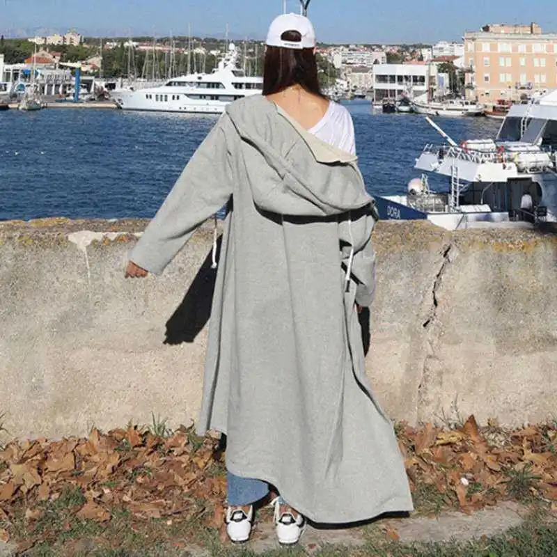 

IEQJ 2021 autumn winter hooded collar casual all-match gray black over the knee loose women's sweatshirt fashion tide 2A1632