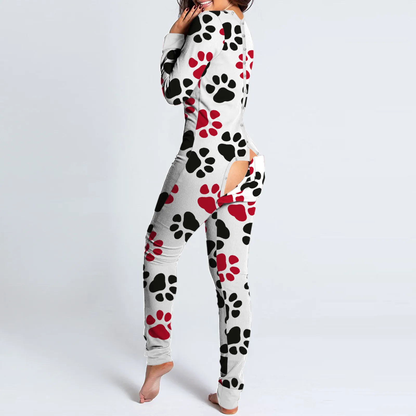 

Print Jumpsuit Women Casual Long Sleeve Button-down Front Functional Buttoned Flap Adults Playsuit Pajamas Set Hot