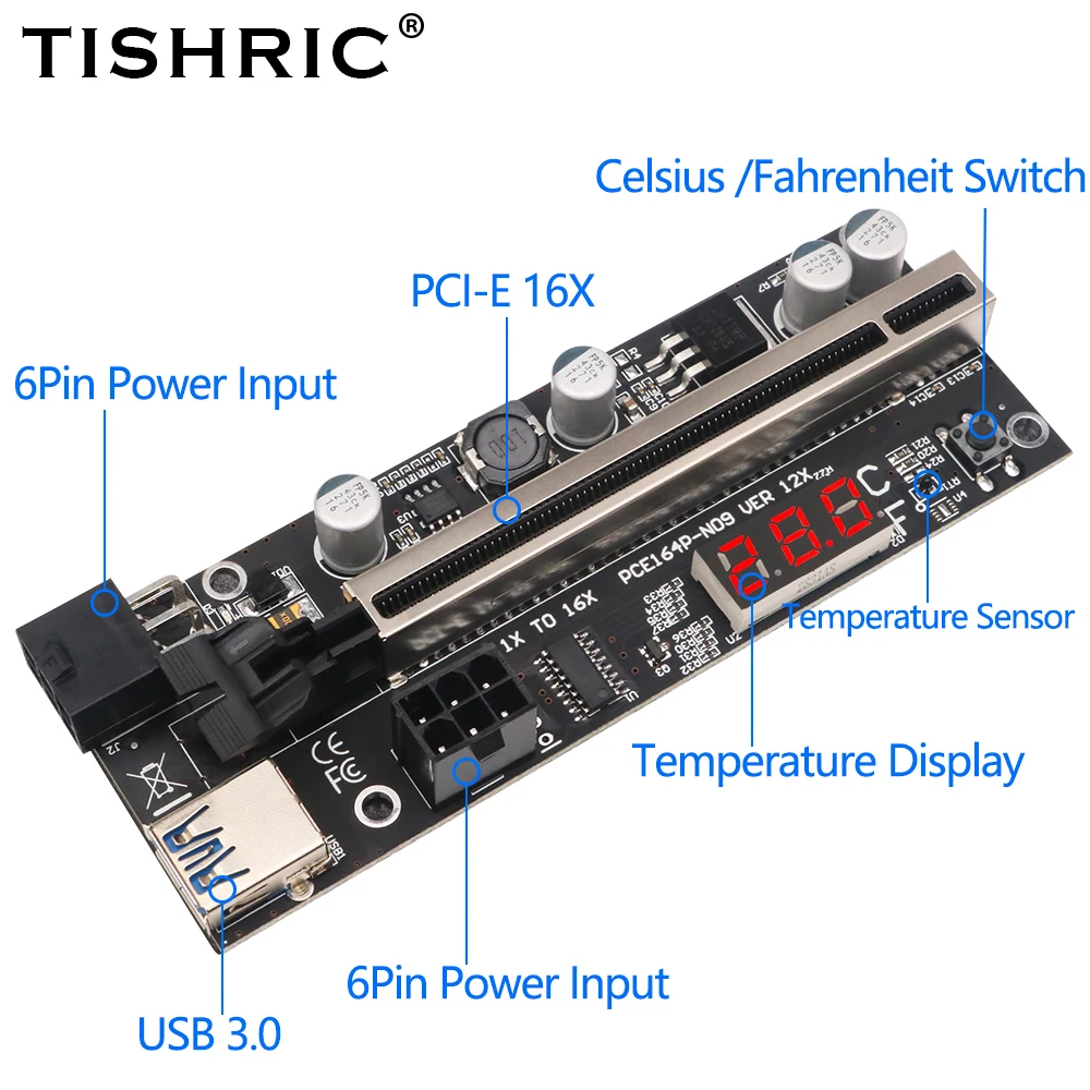 Переходник TISHRIC VER12X с датчиком температуры PCI-E PCIE PCI E Express Card GPU 1X to X16 USB кабель