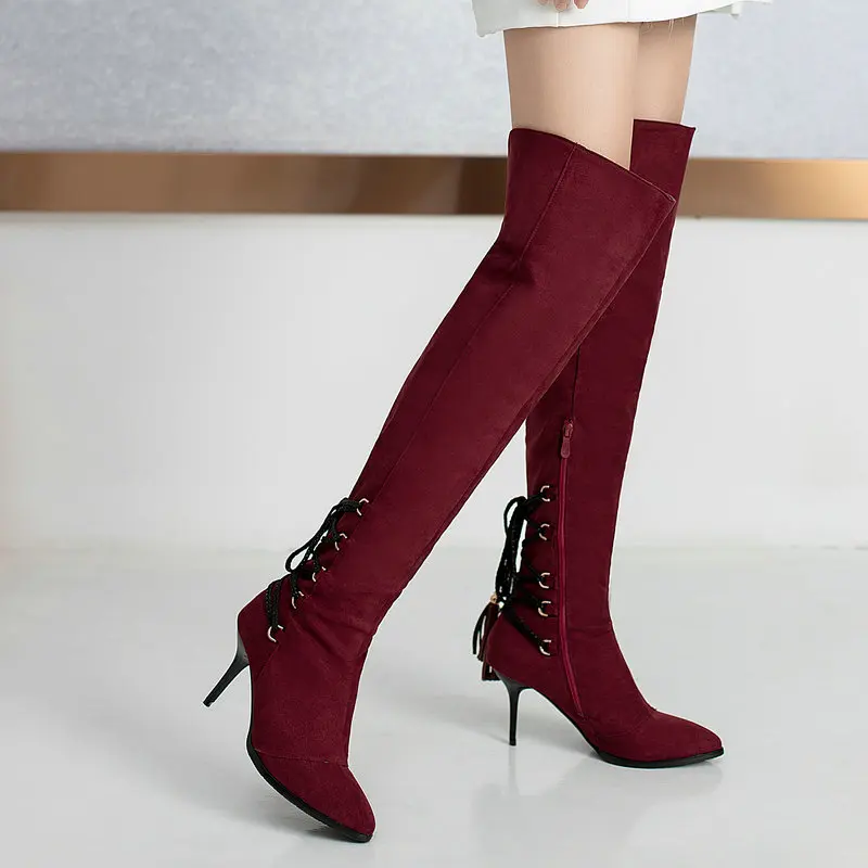 

Women's Thigh Boots Winter Flock Cross Tied Fringed Stiletto High-Heeled Fashion Boots Female Pointed Toe Side Zipper Shoes