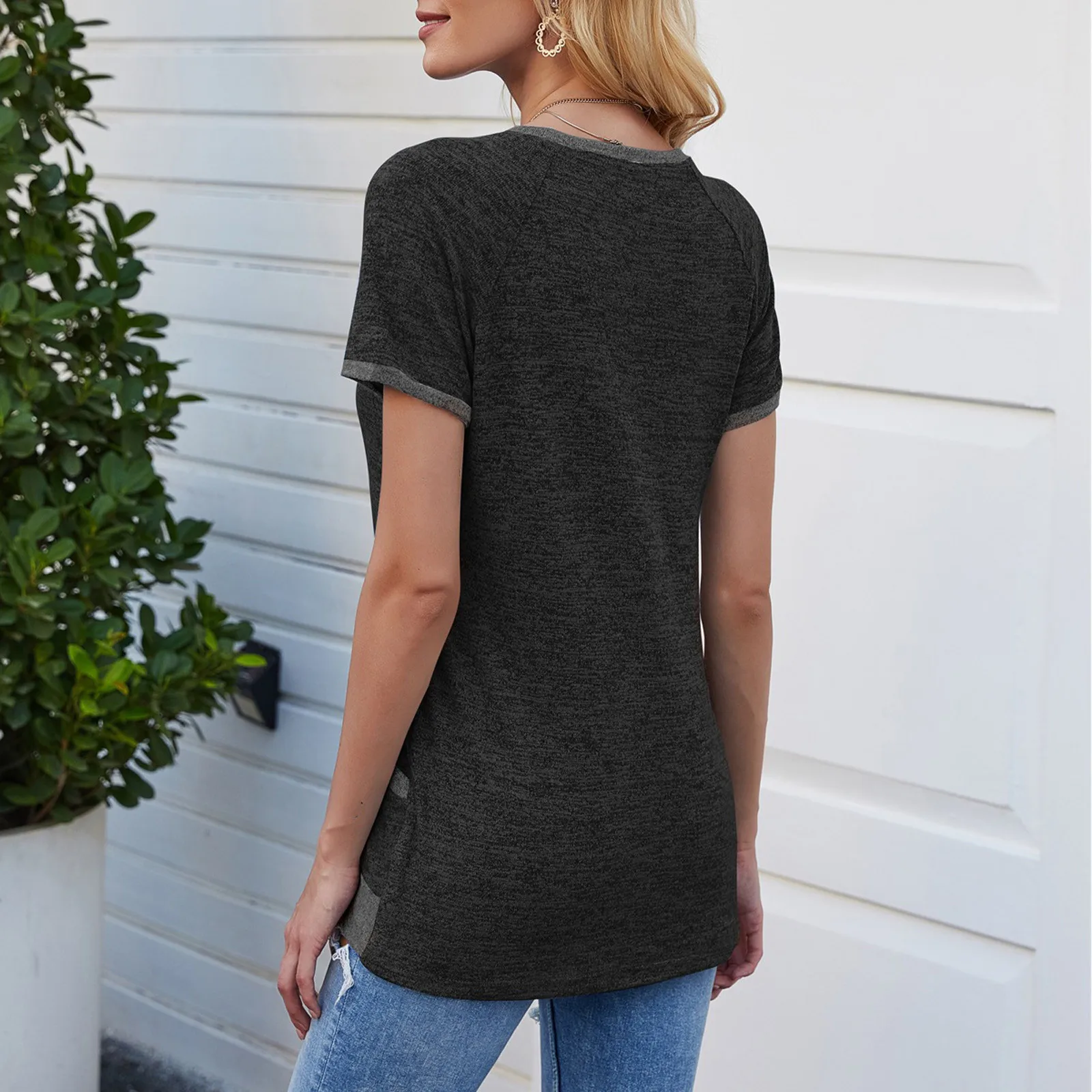 

Black Gray Cotton Blouse Summer Casual Women Pocket Blouse Short Sleeve Tops Tunic